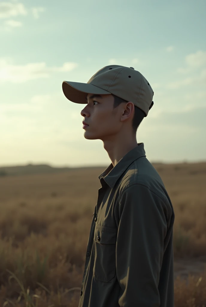 Anonimous young man,   normal build , polish , cap,  Looking at the horizon 