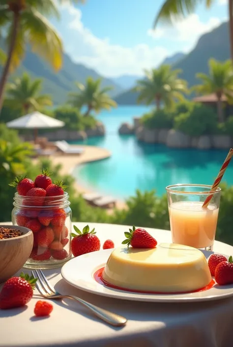 Spotting a resort in the background is a beautiful day at a table ,Dessert a large pudding  , a jar of strawberries  ,coconut water 