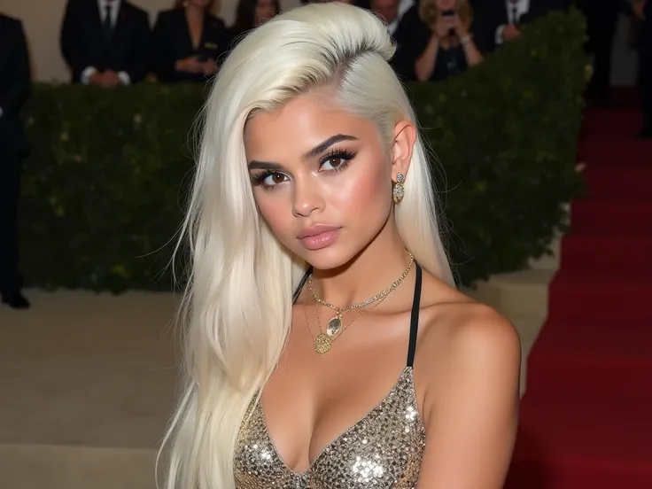  Selena Gomez., bimbo 25 years old  . ,  blonde with straight white hair long luxurious asymmetric gradient haircut with a smooth transition  , sits in a relaxed, full-length position ,plump lips as a duck ,,  expressively large eyes  . long eyelash extens...