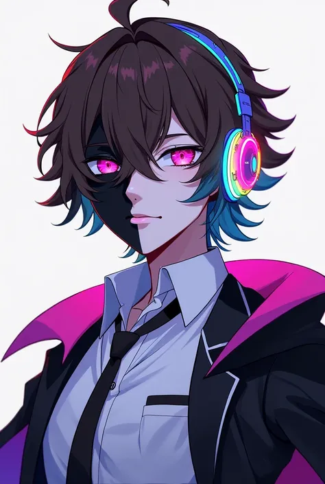 Male anime character with brown hair and face, one half black and the other half blue with pink, with neon rainbow headphones on his head and with a white shirt with black and with a black cape.