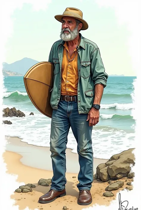 Create a drawing from this text A Jagoz is a man with deep roots in the village of Ericeira, where the sea and traditions intertwine in his life. With the salty wind on his face and the sound of the waves as a constant melody, he carries with him the pride...