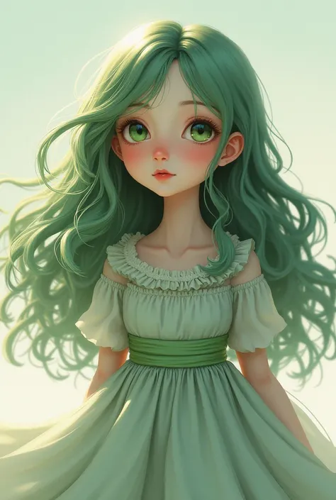 I would like the image of a girl with innocent expression face , the nose is long ,  with long wavy hair ,  green and a dress with a long skirt