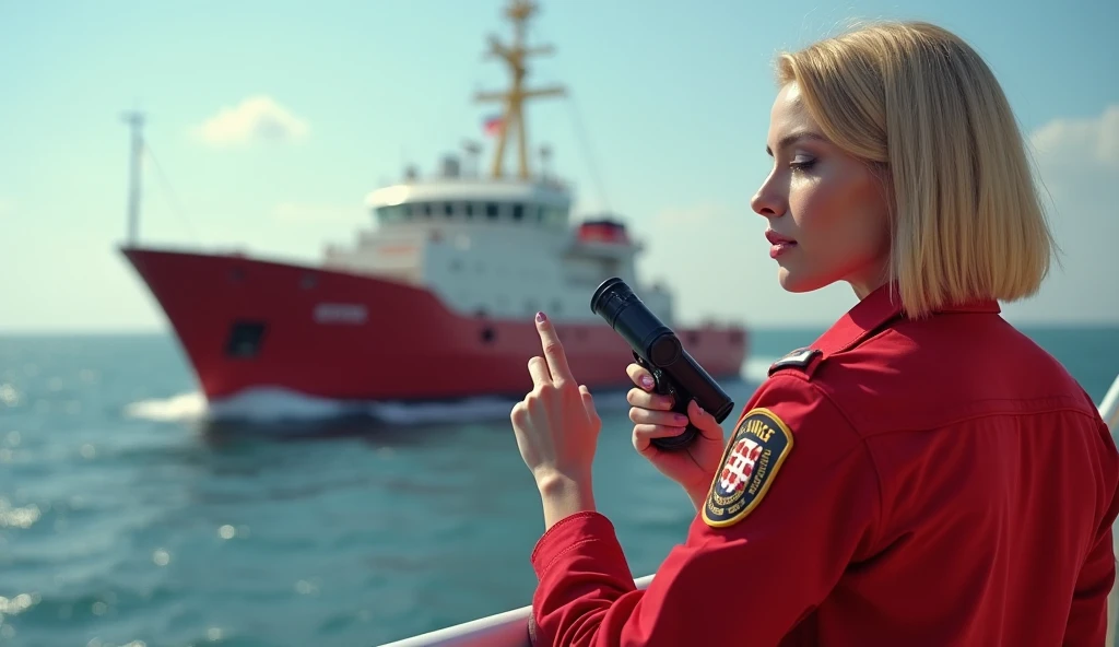 Imagine A Rescue Beautiful USA Woman Short Cut Straight Hairs Standing With Her Team On The Big Rescue Ship In The Sea, Woman Holding Binocular, Red Rescue Uniform , Pointing Finger Straight, Blonde Hairs