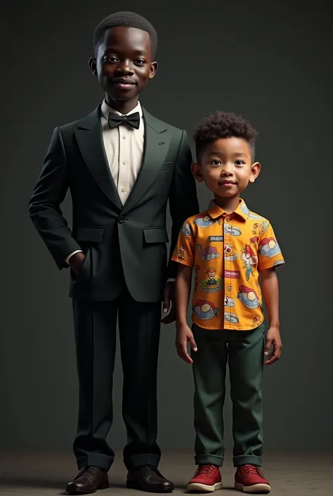 Create an image of a dark-toned person wearing an elegant , suit and next to him a boy with down syndrome skibidi shirt and fat