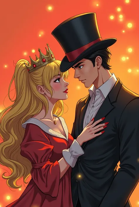 anime image of a woman with a crown and a man with a top hat, concept art inspired by Władysław Podkowiński, trending on pixiv, furry art, polish, poland, r / art, r/art, r /art, official art, some red and yellow, madeline from celeste, popular on pixiv