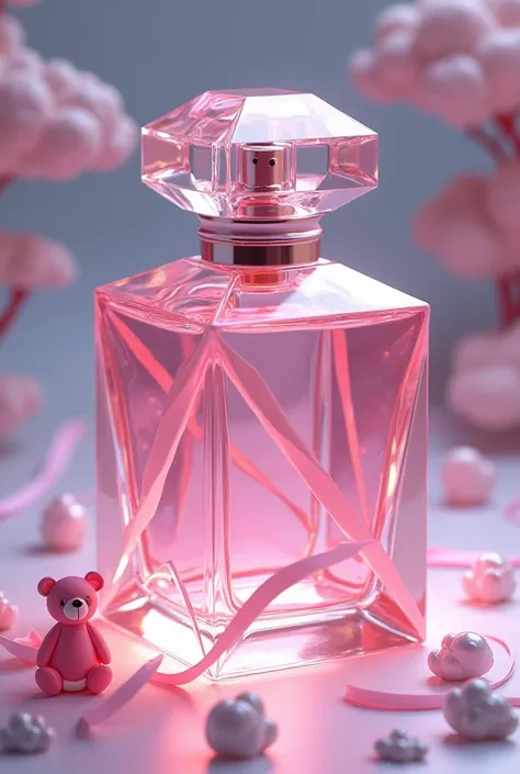 A perfume with a strange geometric design and a transparent pink color decorated with pink bands, small bears and clouds