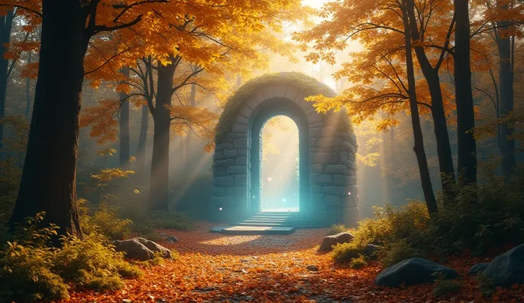 A highly detailed, realistic image of a forest at early autumn, early morning, with soft golden light breaking through the trees, yellow and orange leaves gently falling and covering the forest floor; an old stone teleportation portal is visible in the dis...