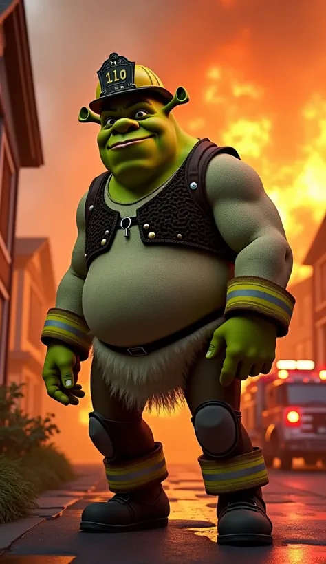 Make an ultra realistic image of Shrek as a uniformed fireman in front of a burning house and the fire truck in the background 