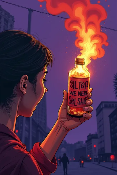  You can create an image of a Molotov bomb about to be thrown by a woman's hand,  in cartoon style,  with the Spanish phrase  "Silver and fear we never had ". With a background In violet tones 