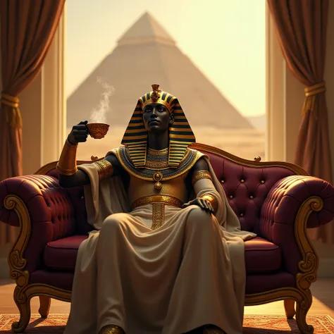 "A realistic digital artwork of Pharaoh King Tutankhamun sitting on a luxurious vintage sofa, drinking tea elegantly. The setting is a modern living room blended with the ancient Egyptian atmosphere, with the Great Pyramid of Giza in the background. King T...