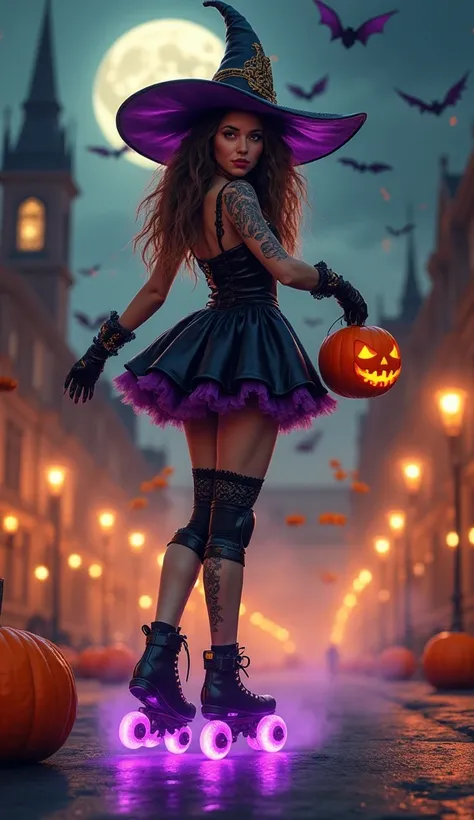 Witch in short sexy low-cut dress, shiny black and purple hat with gold ornaments,  tattoos on the legs, With a very pretty face,  bright eyes , Pumpkin in hand with candies, using inline skates with bright bright purple wheels, Pumpkin with candies in han...