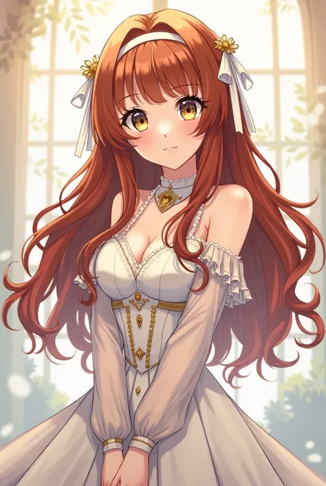 gold, white and silver, love theme,  ultra detailed, masterpiece, best quality,, solo, poker face, light smile,
1girl, golden eyes, very long hair, long wavy auburn hair with dark blue undertones,  bangs, medium breasts,, hair ribbon, frilled choker, high-...