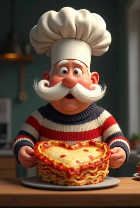  1 chef,  small size, longues moustaches blanche, ( masterpiece striped sweater,  black and white background :1.2),Alone, heart-shaped lasagna,Pixar, kitchen
Type of creation