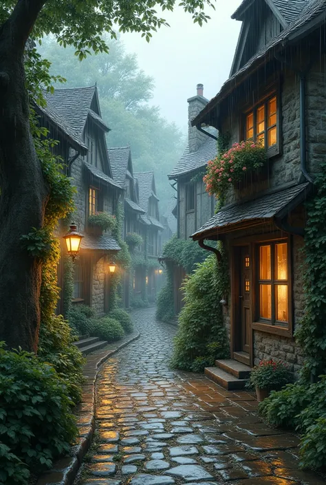 Cobblestone patway with old houses and rain falls