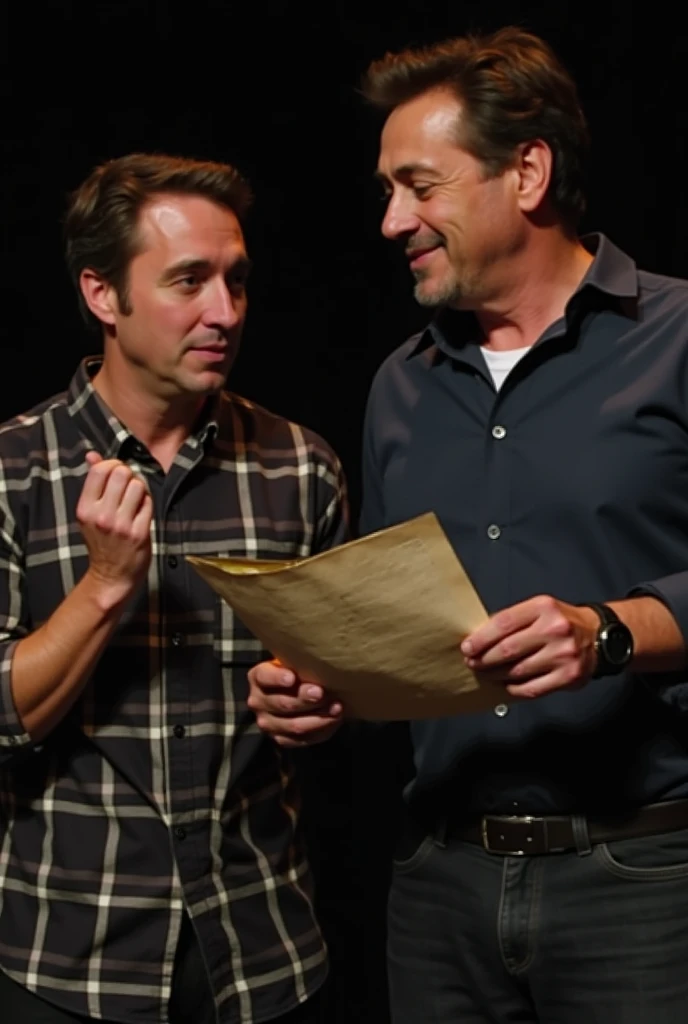 A close-up of Robert Downey Jr., still in his dark blue button-up shirt with rolled-up sleeves and black wristwatch, holding up an aged, crumpled letter in his hand, showing it to Michael Lawson. Michael, still in his plaid button-up shirt with sleeves rol...