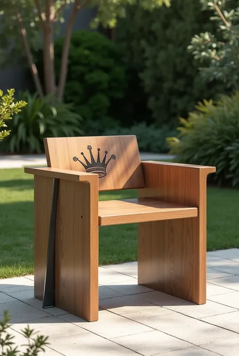 I want a garden chair made of wood and metal, Modernly engraved with a crown without a cross 