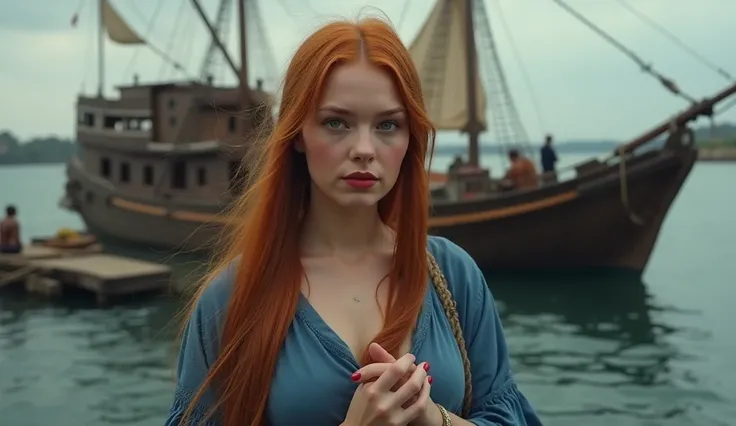 In the old sea port a woman (a young woman of 19 years old, long straight red hair, fair skin, green eyes, her face is very beautiful, she has fine features of a European woman. She wears a simple blue dress. Her lips are matte red. Realistic human image w...