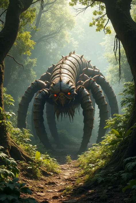 Giant centipede walking in a prehistoric forest 