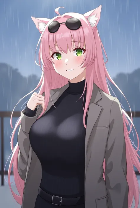 1girl, rain, breasts, looking at viewer, eyewear on head, long hair, solo, bangs, inside, sunglasses, black sweater, long sleeves, coat, pink hair, cleavage, jacket, smile, hair between eyes, blue sky, blurry, green eyes, milf, busty, super large breasts, ...