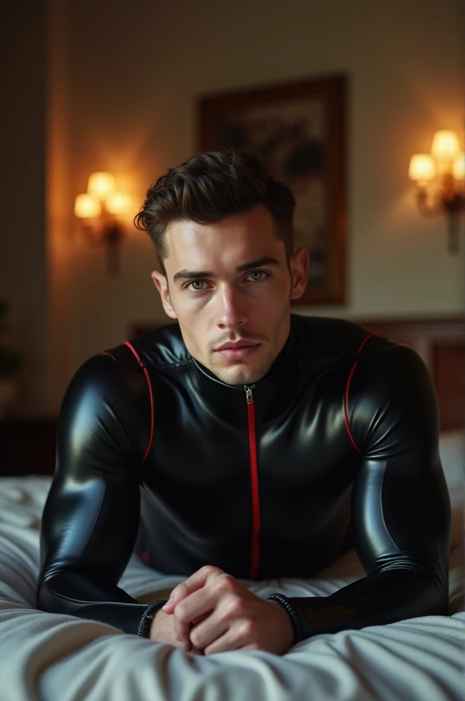  realistic pornographic photo ,  A 20-year-old Canadian , super muscular,  with a defined abdomen and a six-pack ,  light eyes ,  himself lying on the bed, of a luxurious room, The man is wearing a black latex suit with a red line, In the background of a l...