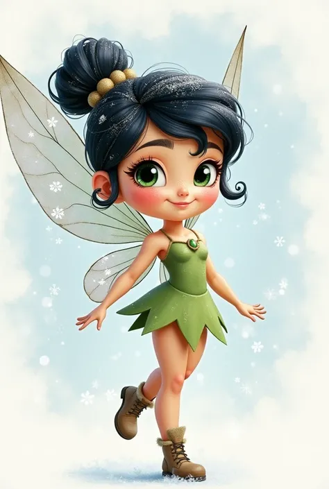  Create an image in the Tinkerbell fairy drawing style (LET IT BE THE SAME DRAWING STYLE).  Physical Description :  winter fairy ,  with black hair with curlers,  pear body , Light skin with freckles, delicate wings, and winter clothing 
