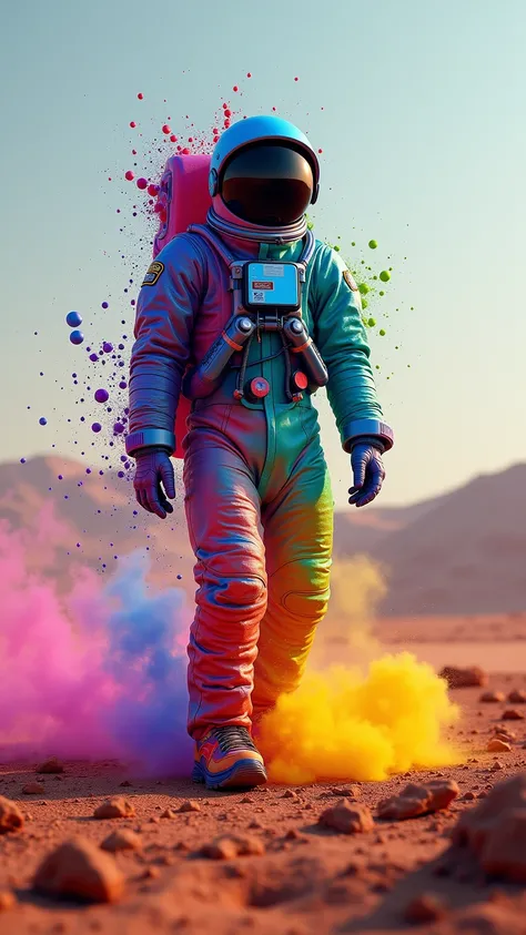  An ultra-realistic 8K image of an astronaut on Mars ,  entirely made of vibrant and colorful paint .  His space suit is composed of fluid and dynamic shades of blue , purple,  red, yellow and green,  creating a psychedelic and surreal effect .  As it walk...