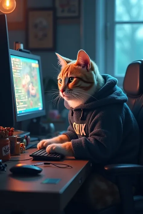 gamer cat plays on the computer and his sweater has sonix written on it 