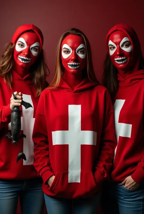 3 women with their faces covered with a red mask and a red sweatshirt with a big white cross on their breasts, The sweatshirt over the hair,  holding a baseball bat, It is a bat animal without a wing and upside down hanging from the hand of a 