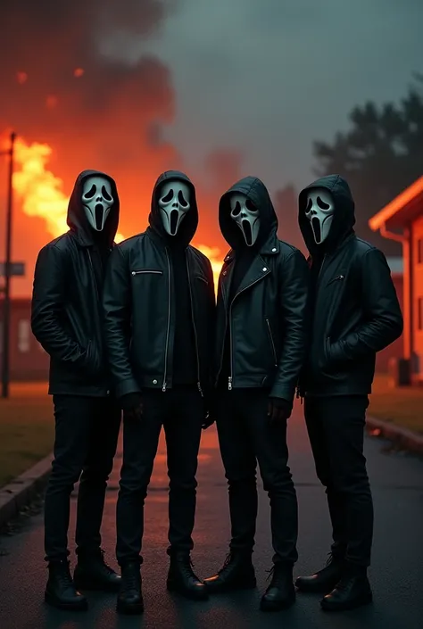 Four male friends in black leather jackets and black pants with Ghostface mask in front of a school on fire at night 