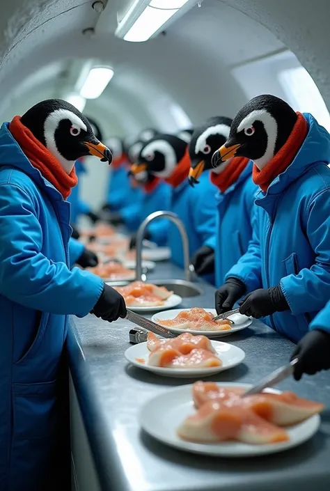 Back in their cozy igloo kitchen, the penguin army 🐧 gets to work. Each penguin, still in their matching blue jackets and red scarves, stands at a tiny countertop. One group rinses the fish in a small sink, another carefully cuts them into fillets with min...