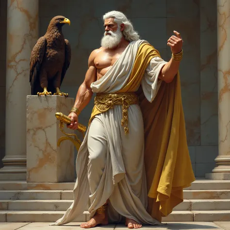 Create an image of an ancient Greek god resembling Zeus, depicted as standing rather than sitting. The god is shown with a commanding pose, holding a thunderbolt in his right hand and a scepter in his left. He is adorned with a flowing robe, muscular and r...