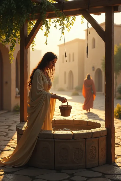 Image of a beautiful Samaritan lady drawing water from the well of an enchanted old town in ancient Samaria and in the blurry background Jesus walks to meet her..