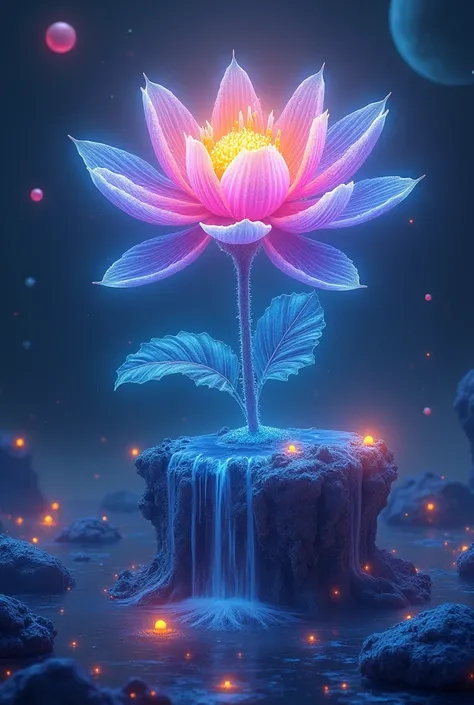 Create a breathtaking digital artwork of a mystical, glowing flower that exists in a surreal, dreamlike world. The flower should be the centerpiece, radiating vibrant colors (neon blues, purples, and golds) and intricate details. Surround the flower with a...