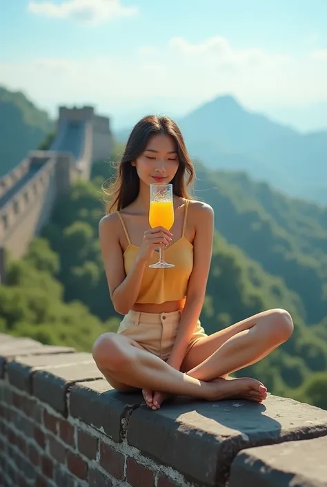 Makean ultra relastic  girl sittingon a .  wall of china and enjoying  juiceofmango 