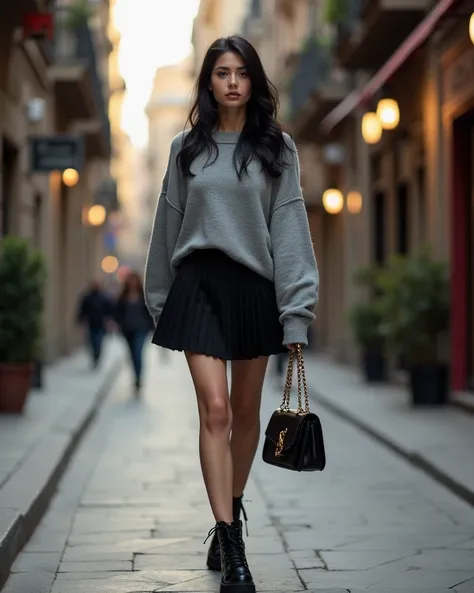  An elegant young woman walks confidently down a vibrant Barcelona street ,  surrounded by historic architecture and because of the dynamism of the city .  The afternoon sun casts soft shadows over the stone sidewalks ,  while the window lights reflect on ...