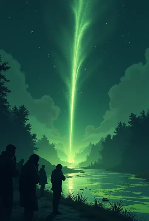  Shooting star falling over rivers  ( simple animation ). Poisoned water  ( toxic green color )  with people covering their faces in despair.