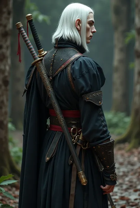  A male vampire from the middle ages, pale, waist-length white hair, with two katanas tucked in his back, Slim Atlético , dressed like a person from Europe in the year 1200, 
