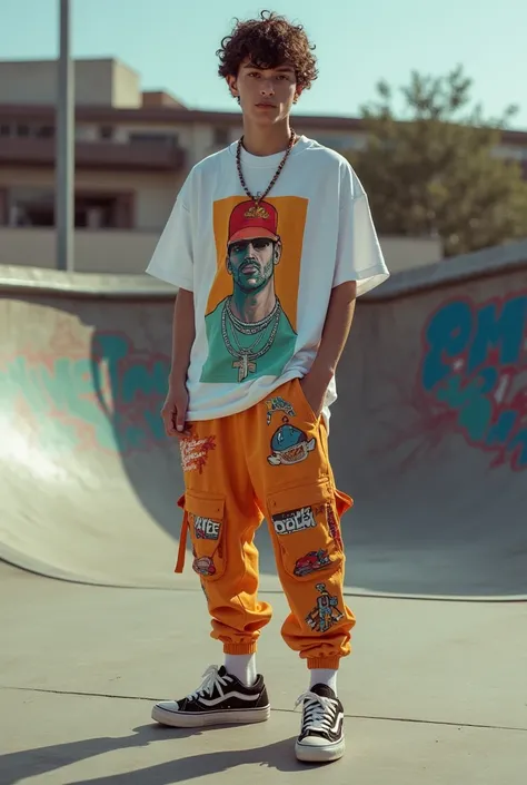 " Photographs of models wearing skateboarding clothes .  The models are wearing stripped-down t-shirts , loose pants and skate sneakers ,  in an urban environment with graffiti and skate rinks .  The clothes have a streetwear style and the colors are vibra...