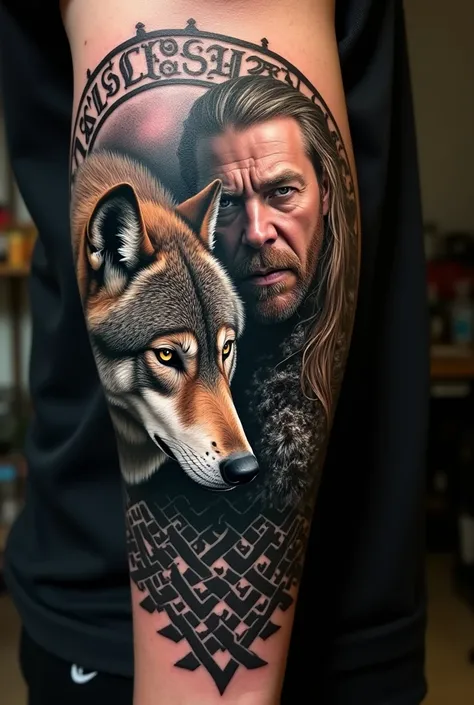 Create me a realistic tattoo image of a direwolf and Ragnar in Vikings 