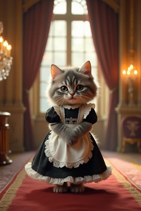 A highly realistic, fluffy, and adorable bipedal kitten standing in a luxurious castle interior. The kitten wears an elegant maid-style dress inspired by the one in the reference image, with black and white frills, lace details, and a corset-like bodice. T...