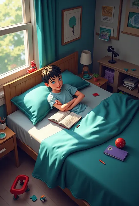 A male ager's room with a light blue sheet on the bed, folded dark green sheets, a couple of red toys on the floor and a purple notebook.