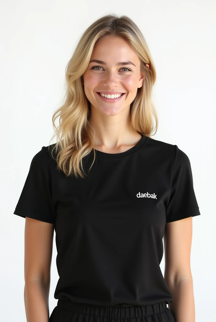 Realistic image of a beautiful, confident young blonde woman shown from the waist up. She is smiling warmly, exuding confidence and approachability. She is wearing a fitted black T-shirt with the name 'Daebak' in small, clean lettering on the right side of...