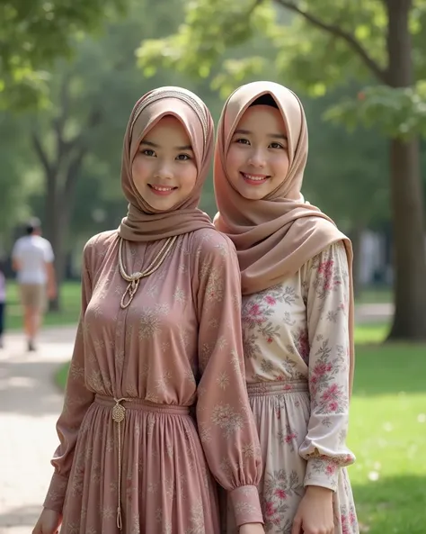 ROH,   rolled up ,  high resolution ,  masterpiece: 1.3),  two beautiful Malaysian women in hijab, masterpiece,  perfectly fitting body , ( huge breasts),  big beautiful eyes ,  soft smile , Delicate turtleneck print sun dress ,  necklace, headband, aftern...