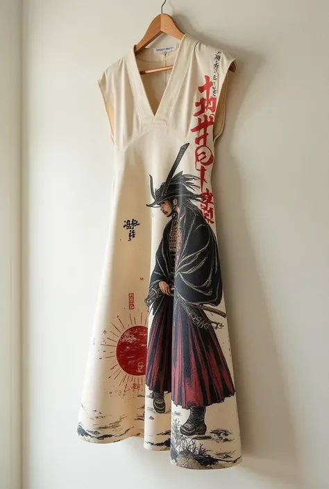 Plain short dress hanging on the wall with a picture on the body of a samurai themed shirt