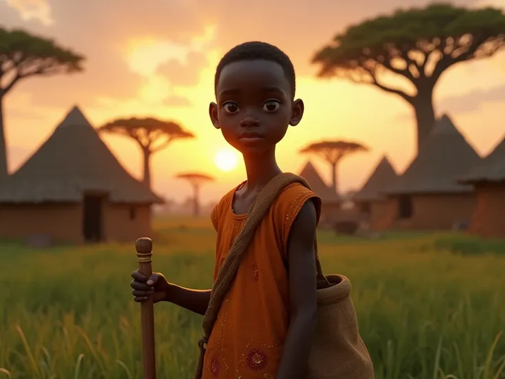 A young African boy, Kofi, standing at dawn in front of a small West African village. Kofi has an oval face, short black hair, and expressive black eyes. He is slim and wears an ochre tunic with traditional patterns, a cloth bag, and carries a walking stic...