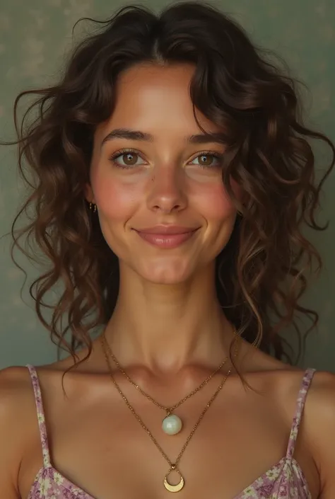 arafed woman with curly hair and a necklace smiling at the camera, a photorealistic painting by Antoni Pitxot, tumblr, antipodeans, this person does not exist, looks like britney spears, with no facial features, a beautiful -aged girl, hyperrealistic , gir...