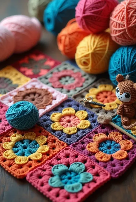 "A beautiful and vibrant Facebook cover for a crochet business. The design should include a cozy and artistic background with colorful yarn balls, crochet hooks, and handmade crochet items such as granny squares, amigurumi plushies, cartoon characters, bag...