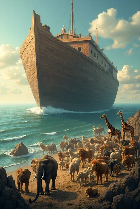 Generate the image of the great Noah's Ark surrounded by animals of many species