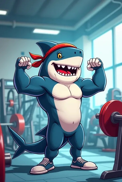 Create a cartoon shark that goes to the gym 