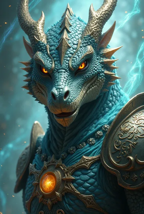 Face of a Dragonian warrior up close, wearing his armor , surrounded by its magic 